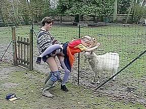 guy in ugly sweater plows chick's puss outside as nonplussed animals watch