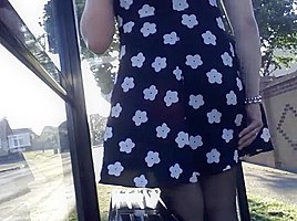 white patterned black skater windy stockings upskirt
