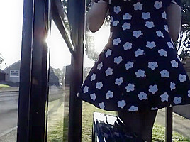 white patterned black skater windy stockings upskirt